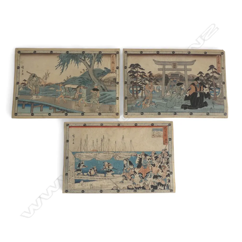 3 UKIYO-E PRINTS by UTAGAWA HIROSHIGE c.1830s, CHUSHINGURA, ACT I II & VI, 235x360mm Image 1++