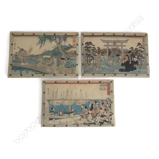 3 UKIYO-E PRINTS by UTAGAWA HIROSHIGE c.1830s, CHUSHINGURA, ACT I II & VI, 235x360mm