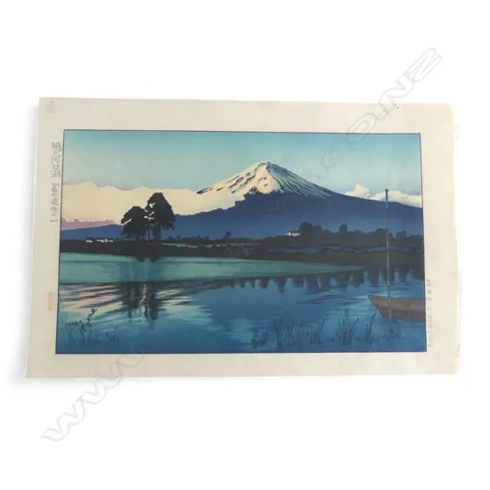 JAPANESE SHIN-HANGA by GIHACHIRO OKUYAMA, 'LAKE KAWASUCHI', DATED 1948. 260x400mm