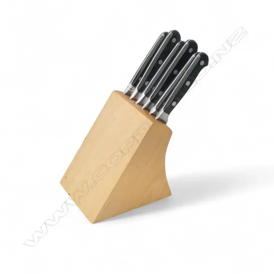 A SET OF 6 WUSTHOF SMALL KITCHEN KNIVES IN WOODEN BLOCK 