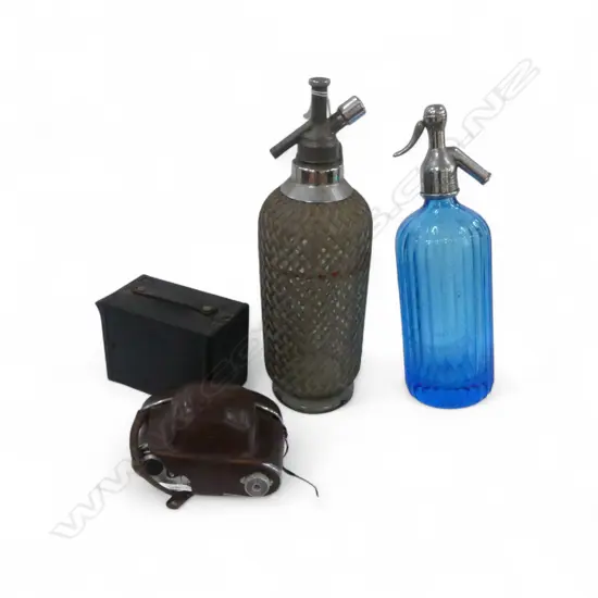 2 SODA SYPHONS H.340mm, 2 OLD CAMERAS