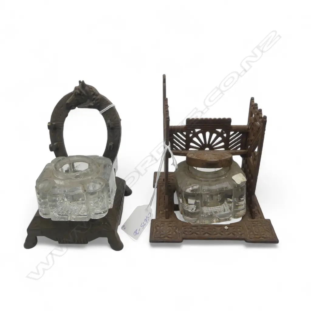 2 Cast Iron & Glass Ink Wells Image 1++