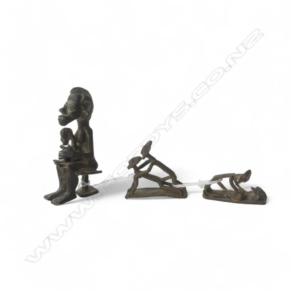 AFRICAN BENIN BRONZE MOTHER & CHILD  H85MM & 2 EROTIC BRONZE FIGURES L40MM Image 1++