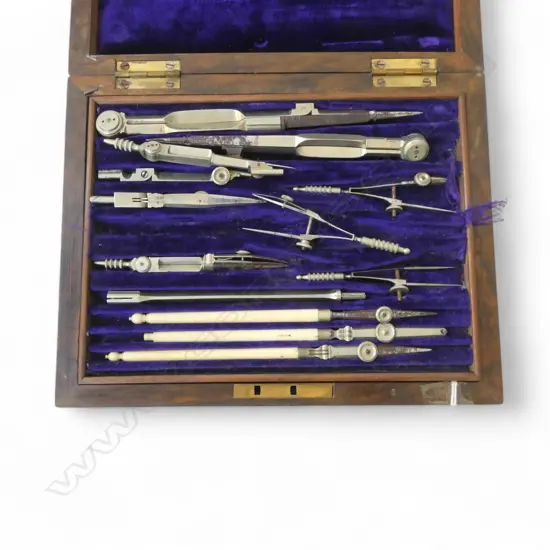 VICTORIAN ROSEWOOD BOXED DRAWING INSTRUMENT SET includes 3 ivory rulers found under the top tray