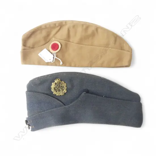 VINTAGE NZ RAF SERVICE CAP & BADGE  & ANOTHER TAN FABRIC CAP