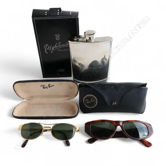 2 PRS of VINTAGE RAYBAN SUNGLASSES & HIP FLASK