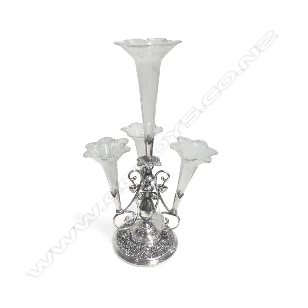 VICTORIAN SILVER PLATE & ETCHED GLASS EPERGNE, H.400mm Image 1++