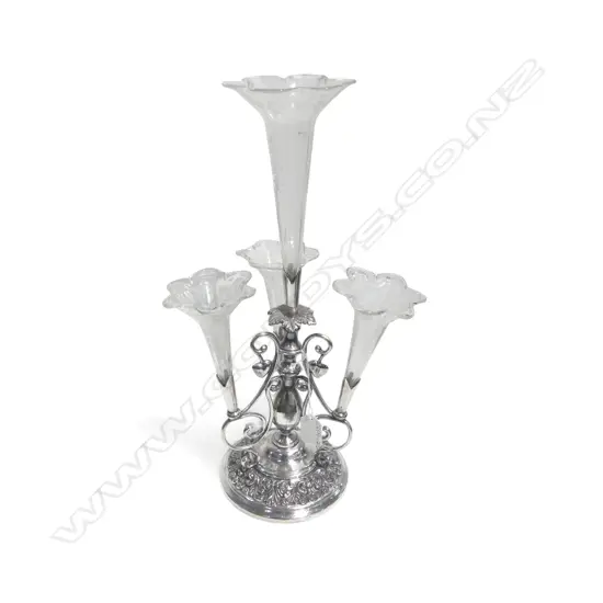 VICTORIAN SILVER PLATE & ETCHED GLASS EPERGNE, H.400mm