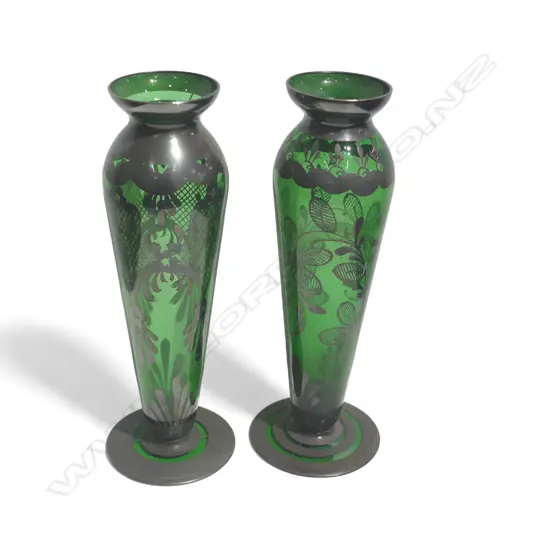 PR VINTAGE VENETIAN SILVER OVERLAY GREEN GLASS VASES H.260mm