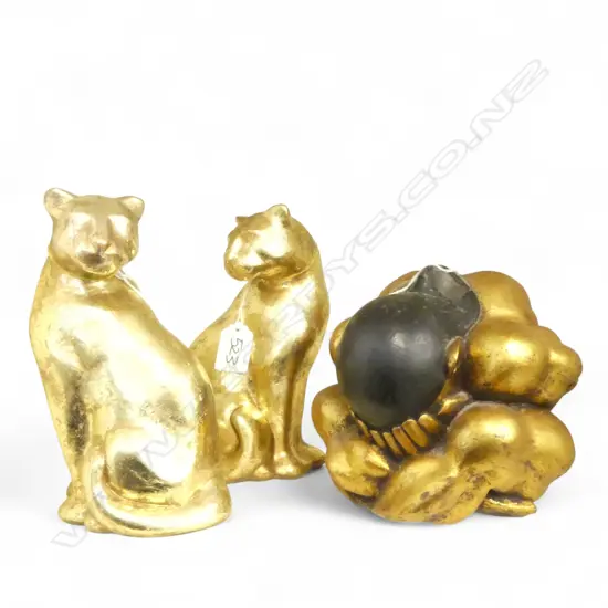 A PAIR OF GOLD PANTHERS 22mm (H)  AND A WEEPING BUDDHA FIGURINE 155mm (H)
