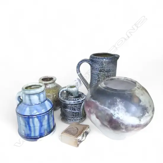 6 PCES STUDIO POTTERY; 4 SALT GLAZED HANDLED VESSELS INCL. JUG H.180mm, ALAN RHODES PIT FIRED POT, BEEHIVE MATCHES