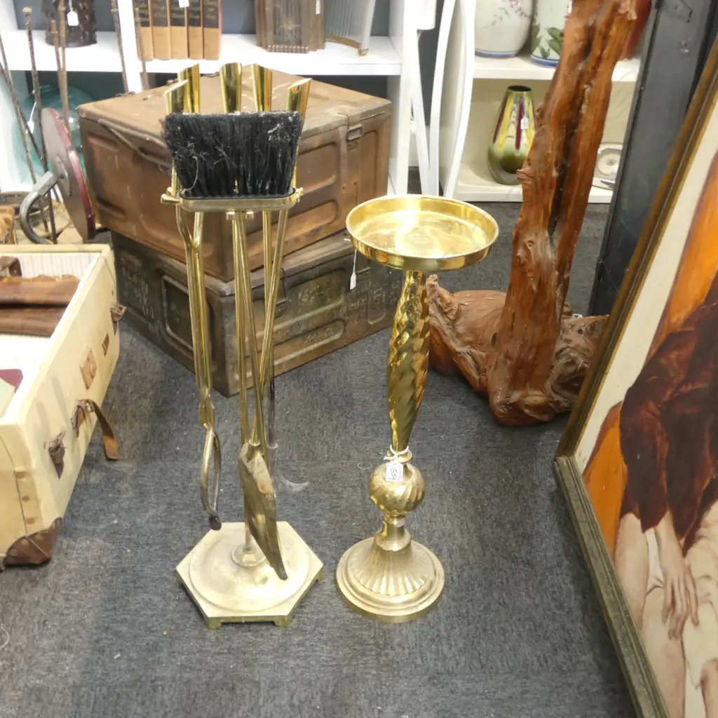 FIRE TOOLS ON STAND H.820mm, BRASS SIDE TABLE H.630mm Image 1++