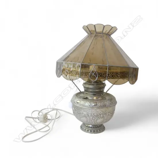 CONVERTED TO ELECTRICITY VINTAGE MILLERS KERO LAMP MODERN LEADLIGHT SHADE H500MM