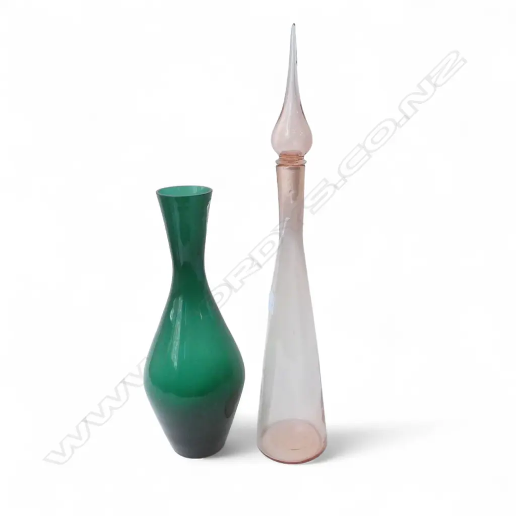 TALL MIDCENTURY LIDDED GENIE BOTTLE PINK COLOUR H660MM & GREEN GLASS VASE H450MM Image 1++
