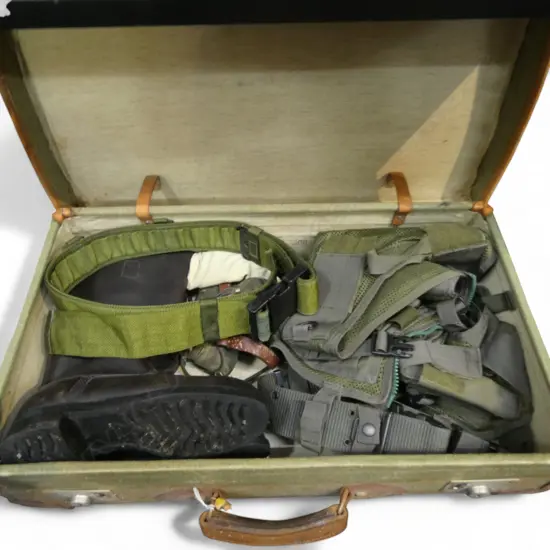 VINTAGE CANVAS TRUNK L620MM & 6 MILITRY COLLECTABLES