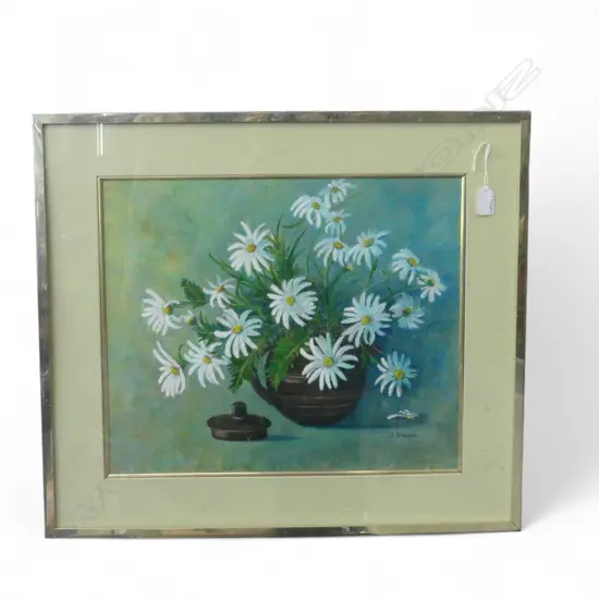 FRAMED OIL  STILLIFE DAISES IN A TEAPOT SIGNED J STEANE H380 L450MM