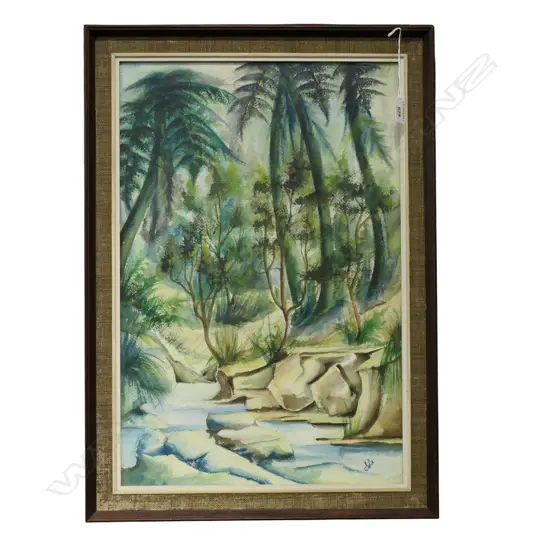 FRAMED W/C ROTORUA BUSH SCENE SIGNED SAL;IE GOOSMAN H540 L360MM