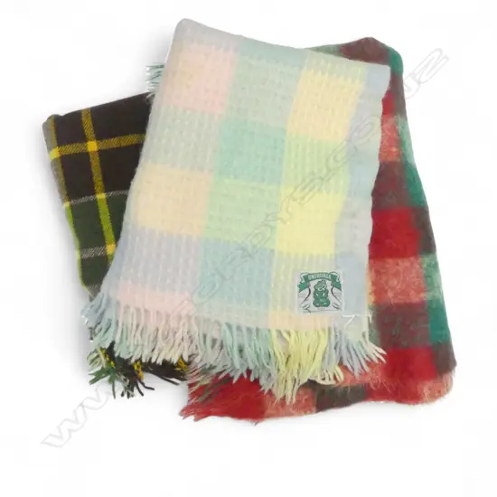GREEN PLAID WOOLEN TRAVEL RUG & 2 NZ LABEL MOHAIR/WOOL RUGS 