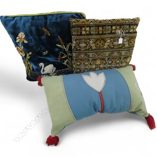 3 DECORATIVE CUSHIONS: Persian faced + embroidered + stitched tulip
