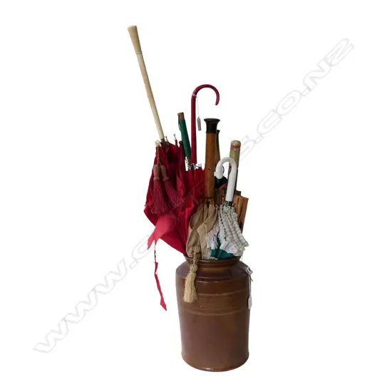 7 vintage umbrellas & parasols in stone ware jar chipped 310mm