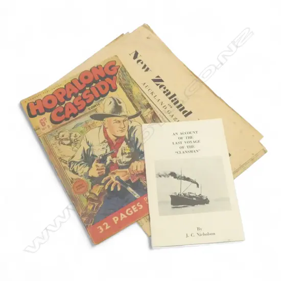ORIG. HOPALONG CASSIDY COMIC No.3 (Fawcett Pub) + 2 reprint NZ HERALD NEWSPAPERS + BOOKLET 'Last Voyage of the Clansman'