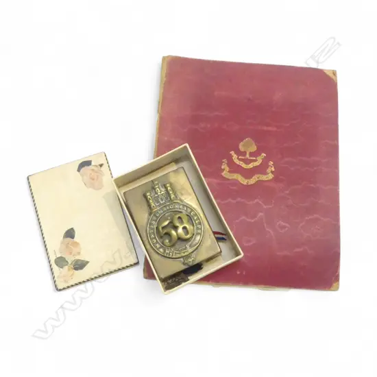 SELECTION REGIMENTAL BADGES + 58 REG. MATCHBOX COVER + BOOK REGIMENTAL INSIGNIA PRINTS
