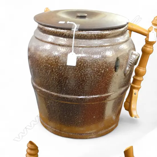 STONEWARE GLAZED CROCK WITH WOODEN LID Dia.340mm
