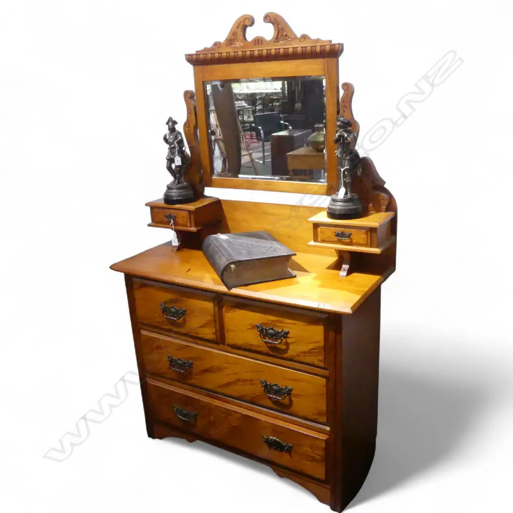 NZ COLONIAL KAURI DRESSER w. MIRROR & MOTTLED DRAWER FRONTS 1065x460x1780mm Image 1++