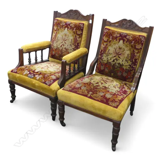 PR VICTORIAN CARVED WALNUT FRAMED GRANDFATHER & MOTHER CHAIRS matching old patterned velvet upholstery 