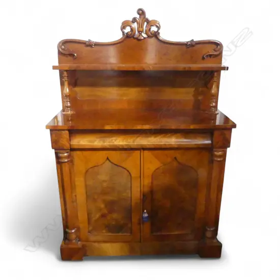 EARLY VICTORIAN QUALITY MAHOGANY CHIFFONIER the back shelf with turned columns. With key.