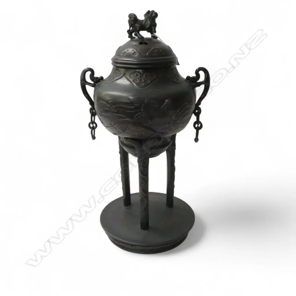 LGE BRONZE KORO INCENSE BURNER w FU DOG FINIAL. H.570mm Image 1++