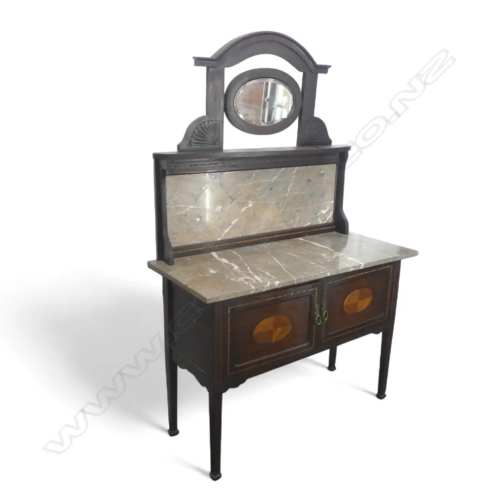 EDWARDIAN WALNUT MARBLE TOP WASHSTAND with swing mirror back. H.1620mm. Crack back panel Image 1++
