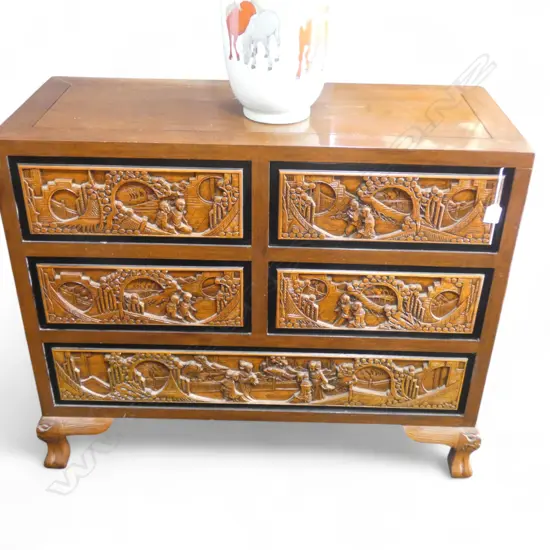 MID CENTURY CHINESE CARVED 5 DRAWER CHEST H765 L920MM