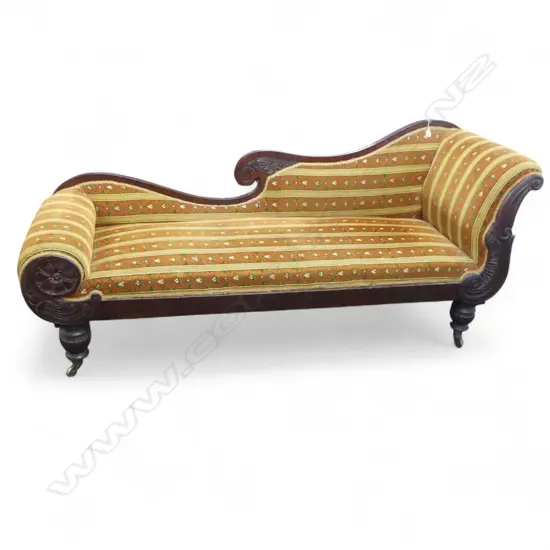 QUALITY EARLY VICTORIAN MAHOGANY CARVED CHAISE LONGUE with striped patterned upholstery
