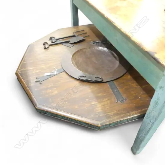 OCTAGONAL LGE LOW HIBACHI TYPE TABLE central removeable tray section. Metal strap fittings. Carved supports 1100x1100mm