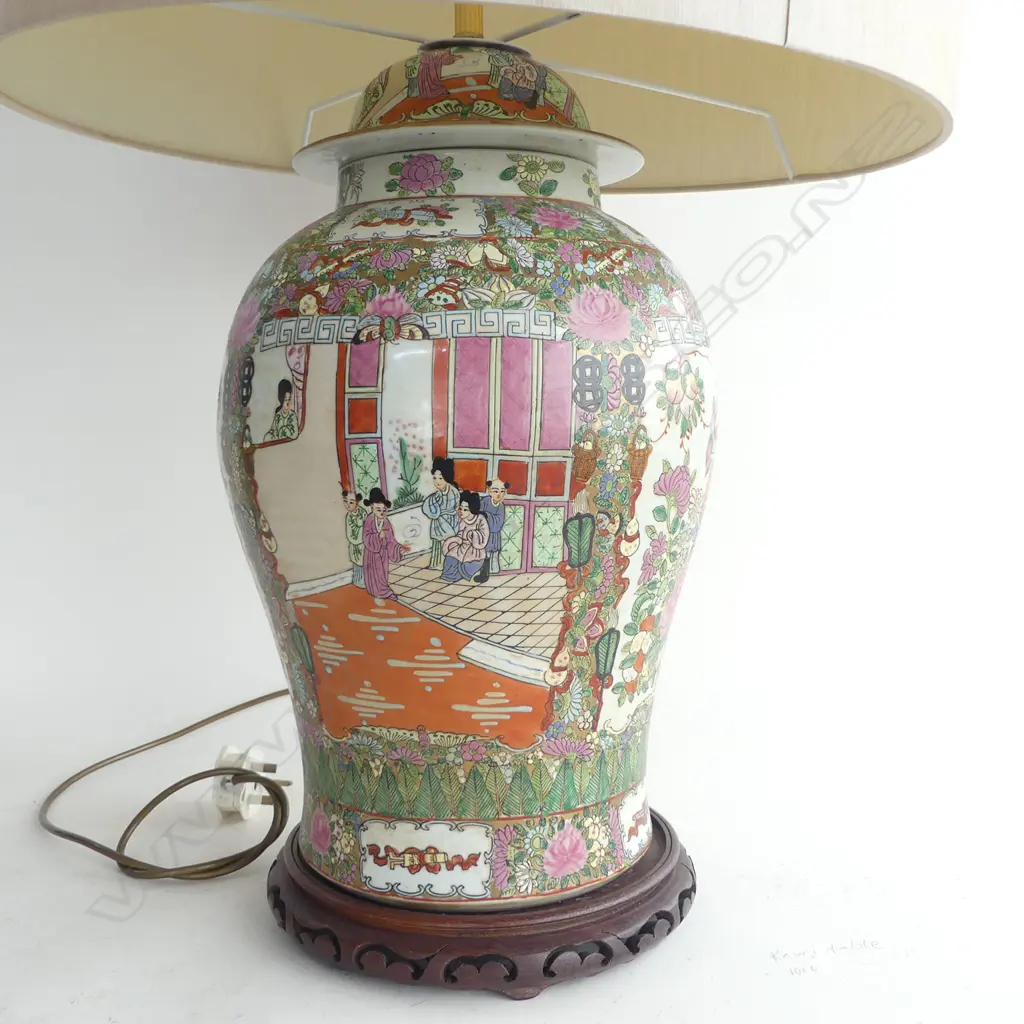 PR CHINESE CANTON ENAMEL PORCELAIN LAMP BASES. H.590mm WITH DRUM LAMPSHADES HEIGHT 830MM Image 1++