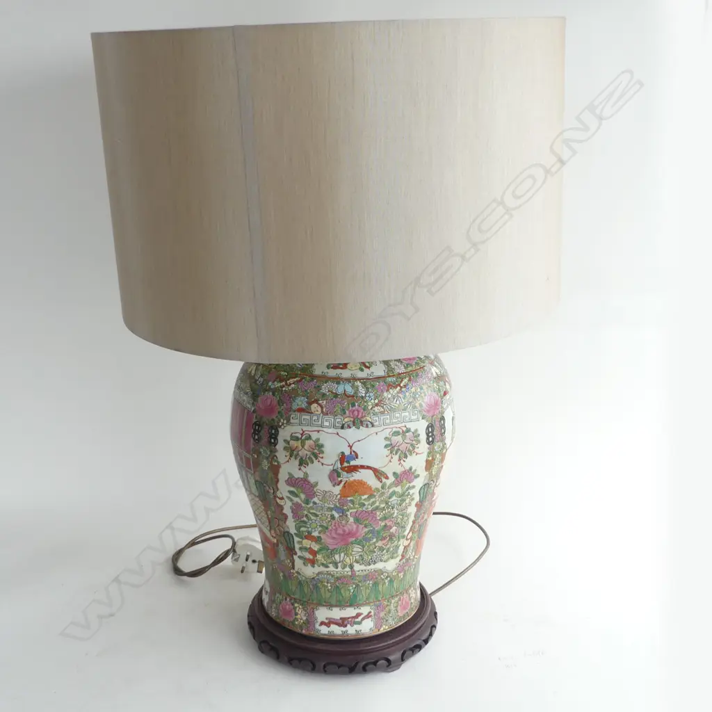PR CHINESE CANTON ENAMEL PORCELAIN LAMP BASES. H.590mm WITH DRUM LAMPSHADES HEIGHT 830MM Image 1++