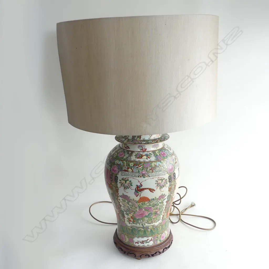 PR CHINESE CANTON ENAMEL PORCELAIN LAMP BASES. H.590mm WITH DRUM LAMPSHADES HEIGHT 830MM Image 1++