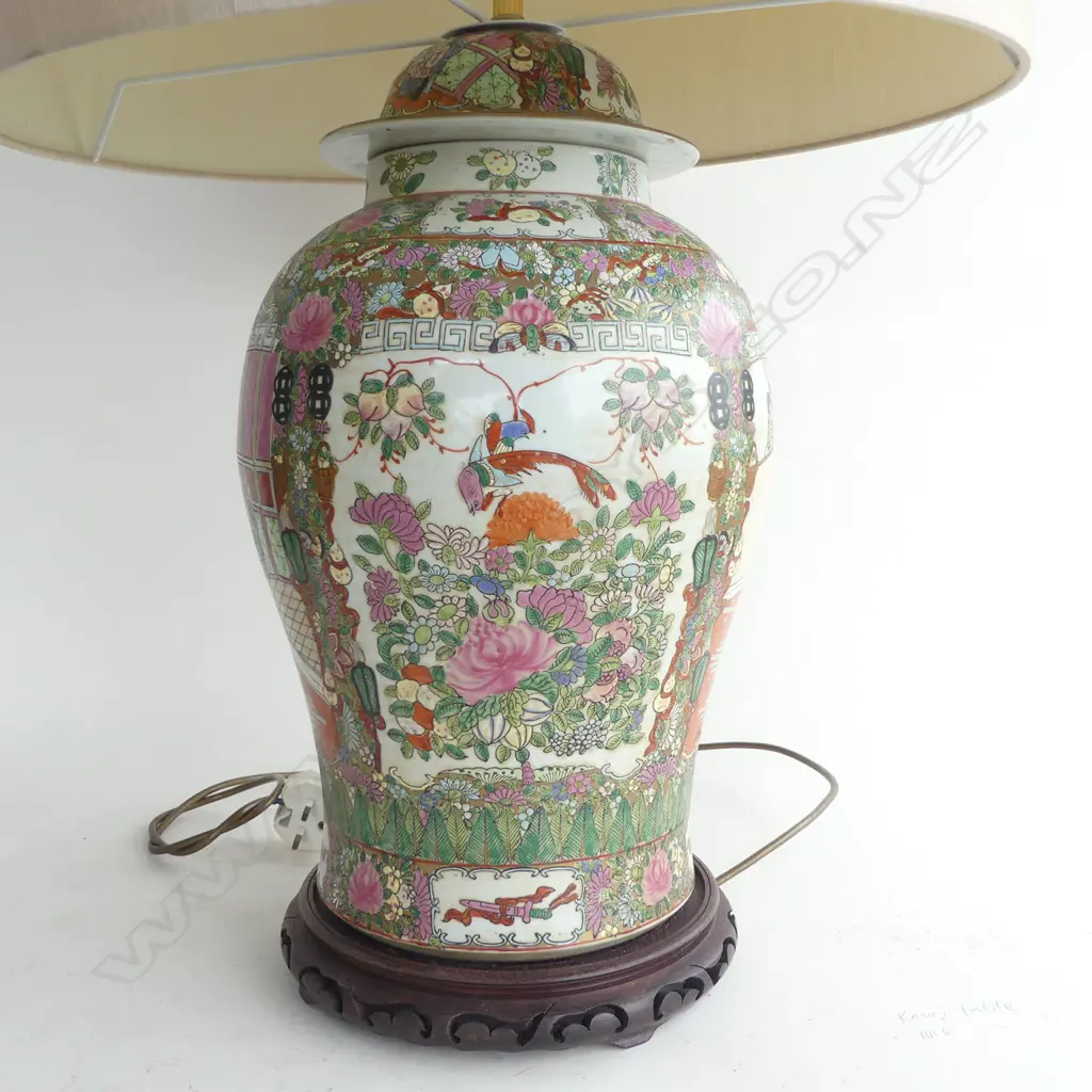 PR CHINESE CANTON ENAMEL PORCELAIN LAMP BASES. H.590mm WITH DRUM LAMPSHADES HEIGHT 830MM Image 1++