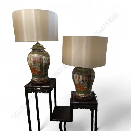 PR CHINESE CANTON ENAMEL PORCELAIN LAMP BASES. H.590mm WITH DRUM LAMPSHADES HEIGHT 830MM