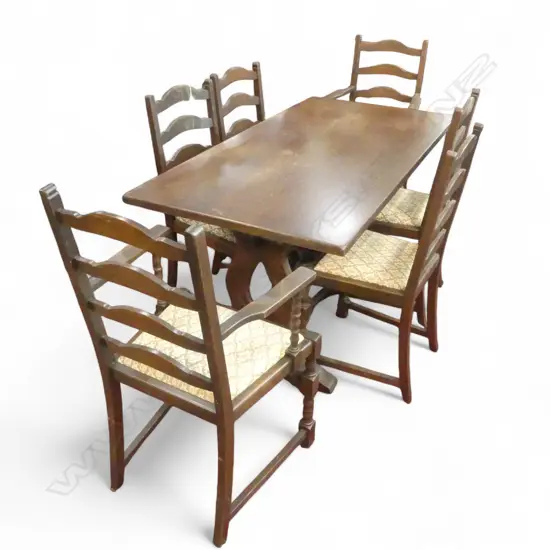 MAHOG STRETCHER BASED DINING TABLE & 6 CHAIRS