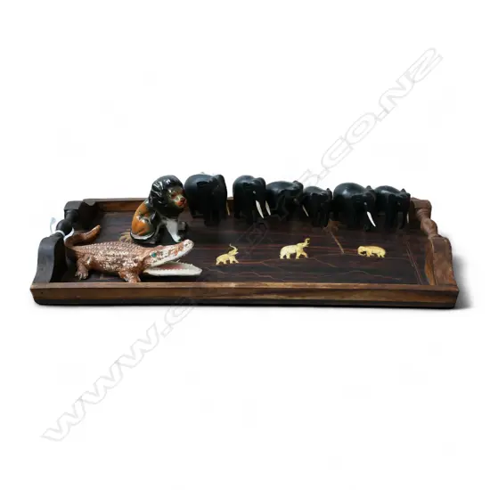 INLAID ROSEWOOD GALLERY TRAY L460 6 HARDWOOD ELEPHANTS H50MM CHINA LION & CROCODILE L200MM