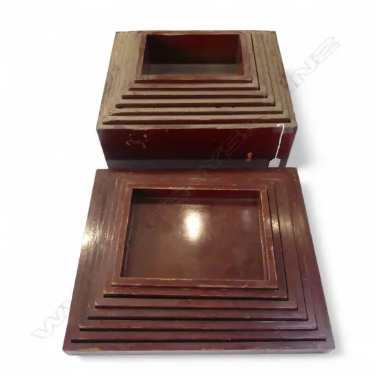 SET OF 7 JAPANESE RED LACQUER NESTING BOXES & LIDS largest 390x330x150mm
