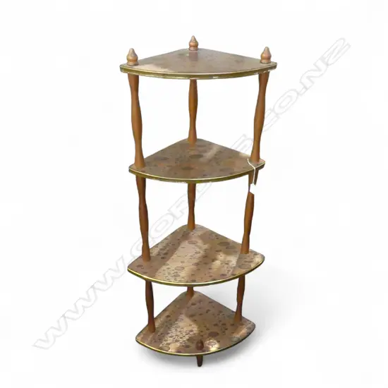 MID CENTURY COPPER & WOOD 4 TIER CORNER WHATNOT H1310MM