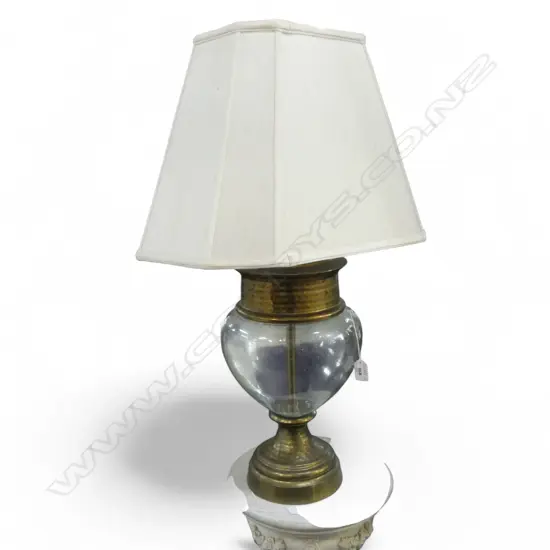 LGE BRASS & GLASS BODY TABLE LAMP with cream shade some marks H.780mm
