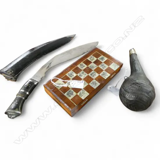 GURKHA KNIFE & SCABBARD L.415mm, LEATHER SHOT POUCH, WOODEN CHESS SET w. MoP INLAY W.220mm