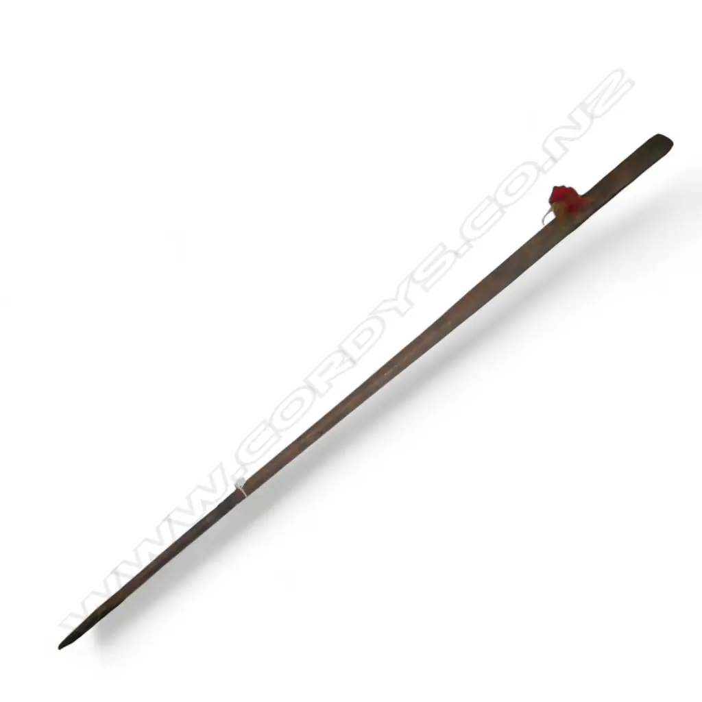 mid / late 20thC traditional MAORI POUWHENUA LONG CLUB, w CARVED FACE TO SHAFT & PAUA INLAID DISC. L.1820mm Image 1++