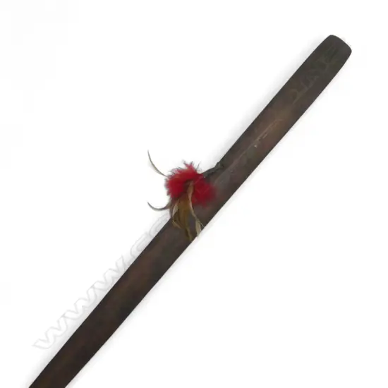 mid / late 20thC traditional MAORI POUWHENUA LONG CLUB, w CARVED FACE TO SHAFT & PAUA INLAID DISC. L.1820mm