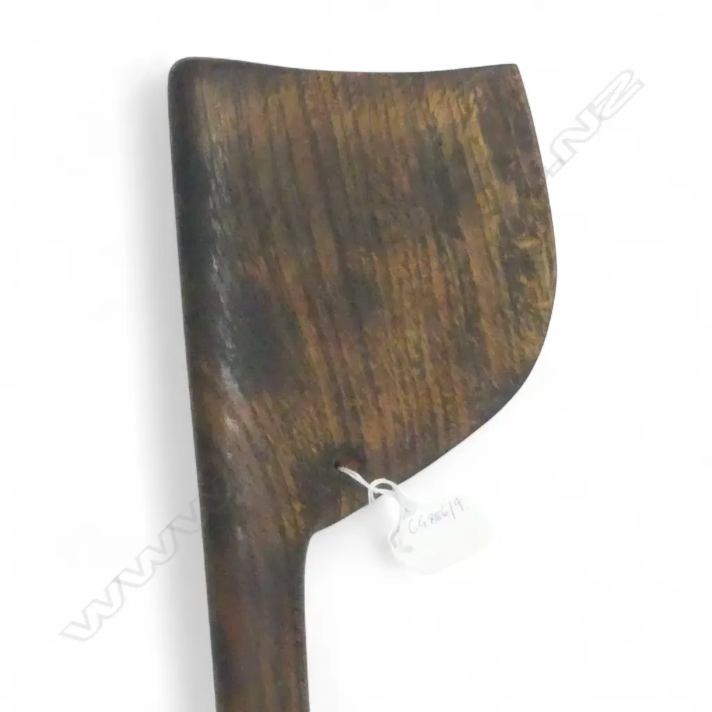 Mid / late 20thC MAORI TEWHATEWHA  w PAUA INLAID AT TOP OF BLADE & CARVED HEAD TO SHAFT.  L.1170mm. Of good weight Image 1++