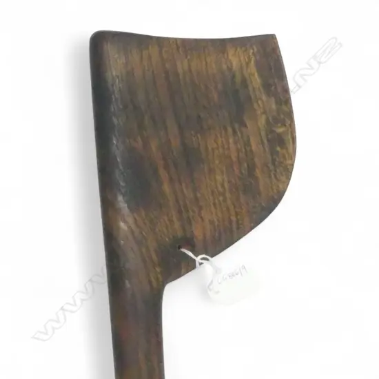 Mid / late 20thC MAORI TEWHATEWHA  w PAUA INLAID AT TOP OF BLADE & CARVED HEAD TO SHAFT.  L.1170mm. Of good weight